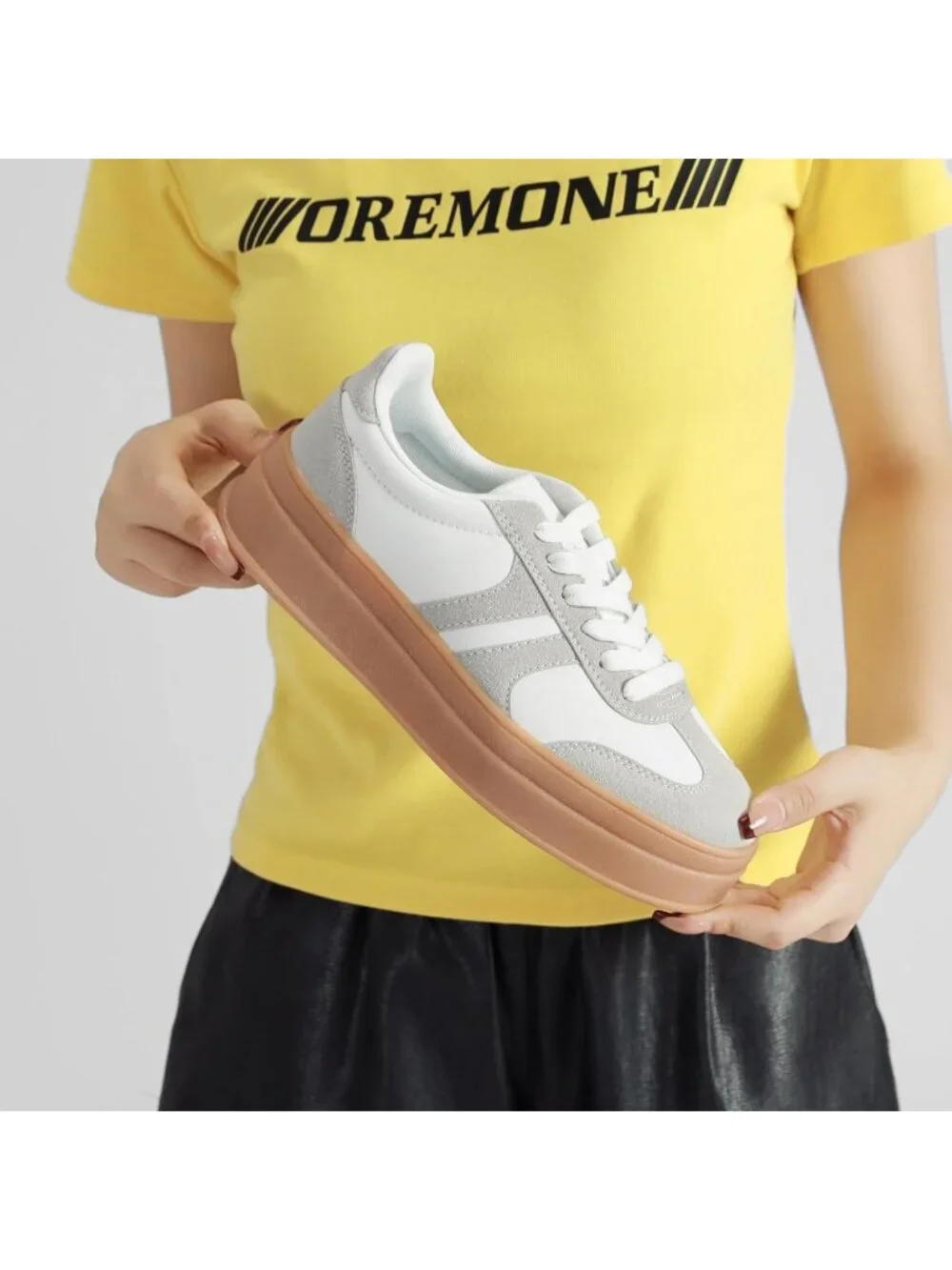 🆕Women's White Grey Gum Sole Fashion Sneakers Thick Platform Sole Rubber Shoes
